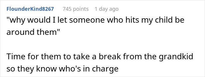 Screenshot of a social media comment discussing grandparents spanking a 3-year-old and being banned by parents.