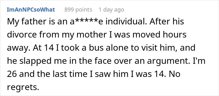 Screenshot of a Reddit comment about family conflict and estrangement involving a father and child.