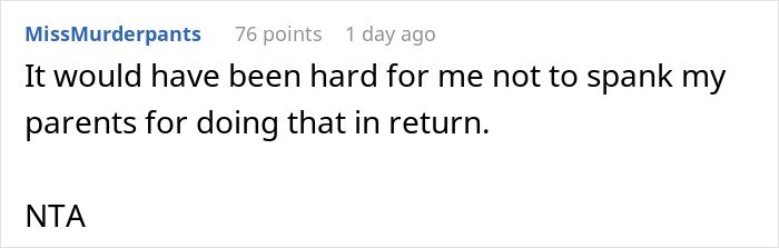 User comment displayed on a forum about grandparents spanking a 3-year-old to teach her a lesson and parents banning their visits.