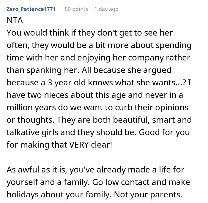 Reddit comment discussing grandparents spanking 3-year-old to teach lesson and resulting parental ban on visits.