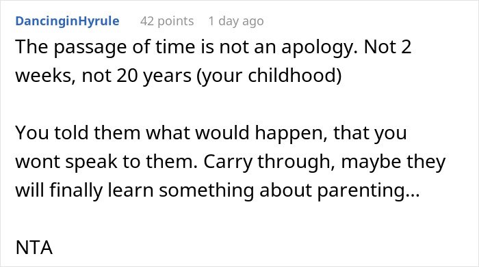 Text post discussing time, parenting lessons, and the decision to ban grandparents after spanking a 3YO.