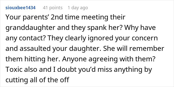 Comment discussing grandparents spanking a 3-year-old and parents banning them from seeing her again due to concern.