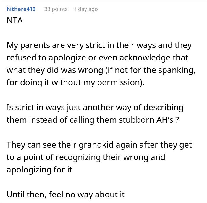 User comment discussing grandparents spanking 3YO and parents banning them from seeing her until apology is made.