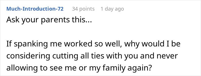 Comment discussing grandparents spanking 3YO to teach a lesson, leading parents to ban them from seeing her again.