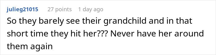 Screenshot of an online comment discussing grandparents spanking a 3-year-old and being banned from seeing her again.