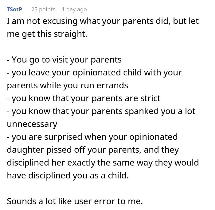 Screenshot of a Reddit comment discussing grandparents spanking a child and parents banning them from seeing her again.