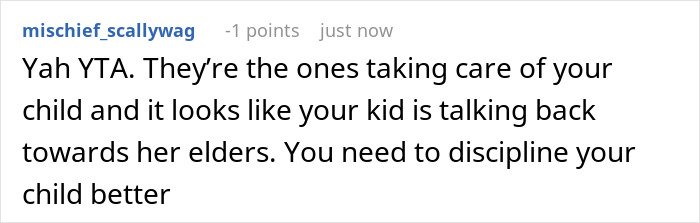Screenshot of an online comment discussing grandparents disciplining a 3-year-old and parents banning their visits.