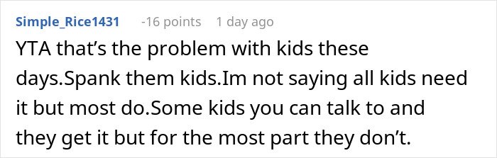 Comment discussing disciplining kids by spanking, emphasizing some kids need it while others respond to talking.