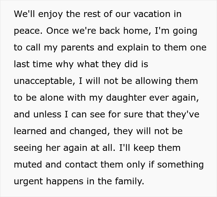 Text message discussing banning grandparents from seeing granddaughter after they spank 3YO to teach her a lesson.