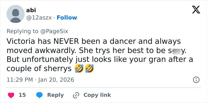 Tweet comment mocking Victoria Beckham’s dancing, related to Cruz Beckham and Brooklyn Beckham’s wedding claim.