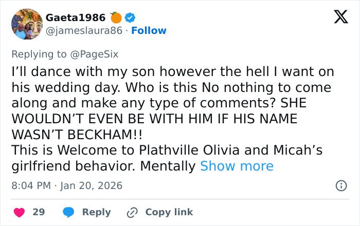Tweet expressing strong opinion about dancing with son at wedding, referencing Cruz Beckham and Brooklyn's comments.