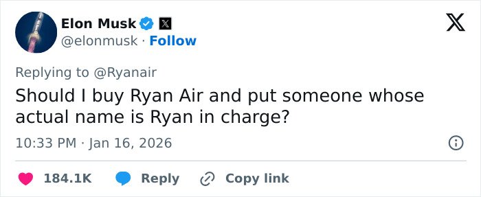 Screenshot of Elon Musk's tweet replying to Ryanair with a sarcastic comment amid Ryanair's social media takedown.