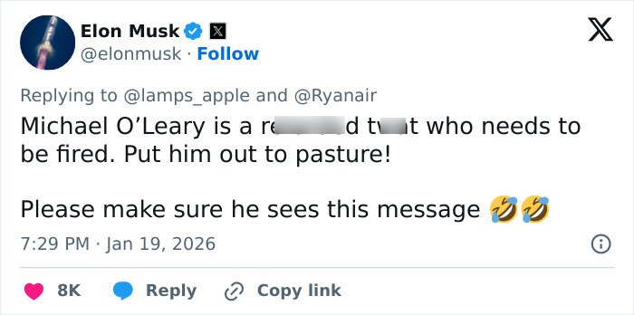 Screenshot of Elon Musk’s tweet insulting Michael O’Leary, part of Ryanair’s brutal takedown in Twitter exchange.