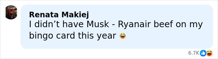 Screenshot of a social media comment mentioning Ryanair and Elon Musk’s public dispute with humor.