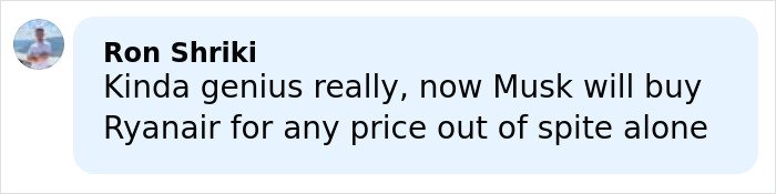 Comment from Ron Shriki about Musk buying Ryanair out of spite in response to Twitter drama, highlighting Ryanair's takedown.