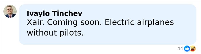 Screenshot of a social media comment by Ivaylo Tinchev discussing electric airplanes without pilots.