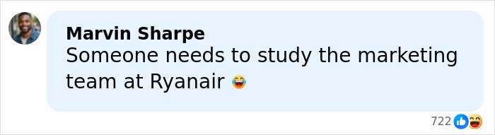 Comment by Marvin Sharpe about Ryanair marketing team, highlighting humor in Ryanair's response to Elon Musk Twitter incident.