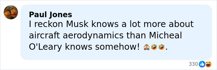 Facebook comment by Paul Jones humorously discussing Elon Musk’s knowledge of aircraft aerodynamics in a lighthearted tone.