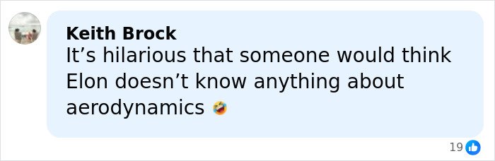Comment by Keith Brock joking about Elon Musk’s knowledge of aerodynamics in response to Ryanair’s brutal Twitter takedown.