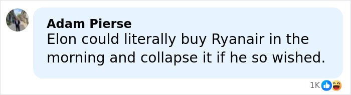 Screenshot of a social media comment discussing Elon Musk and Ryanair amid Ryanair’s humorous response to Musk’s Twitter tantrum.