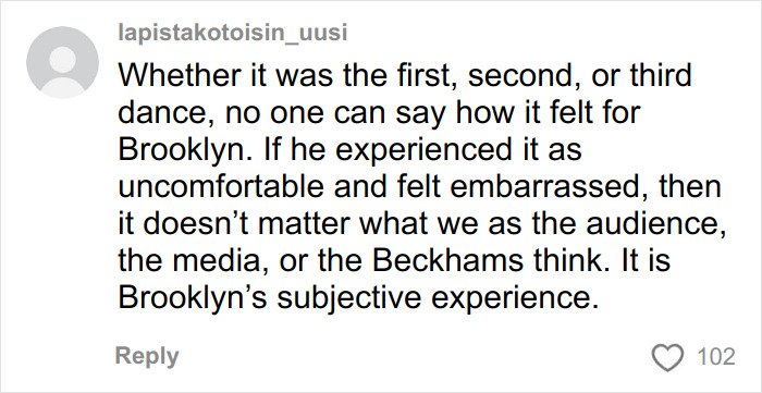 Alt text: Comment discussing new details of Victoria Beckham’s inappropriate dance at Brooklyn and Nicola’s wedding.