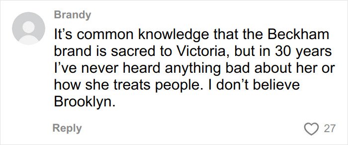Comment from Brandy discussing Victoria Beckham and denying claims about Brooklyn at the wedding guest event.