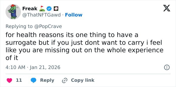 Tweet discussing opinions on using a surrogate, relating to Meghan Trainor breaking silence amid backlash about surrogacy.