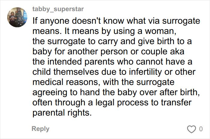 Comment explaining surrogate meaning in Meghan Trainor backlash discussion about using a surrogate for her baby.