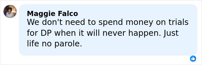 Screenshot of Facebook comment by Maggie Falco discussing trials and life without parole in a serious online conversation.
