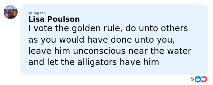 Comment about alligators from social media post, mentioning unconscious person near water in Alligator Alley case.