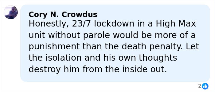 Screenshot of a social media comment discussing a high max lockdown punishment, relevant to five-year-old’s chilling last words disappearance.