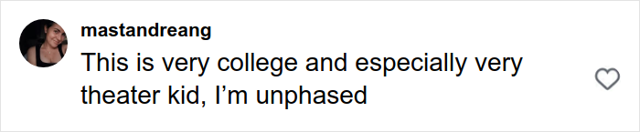 TikTok comment about a college orientation ceremony, reflecting on theater kids and college culture after Amherst College backlash.