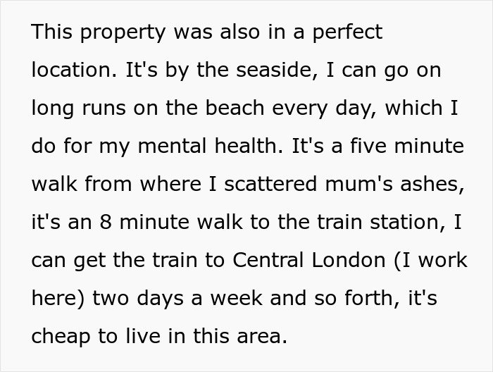 Text excerpt describing the perfect property location near the seaside and close to transport, related to man accidentally moving next door.