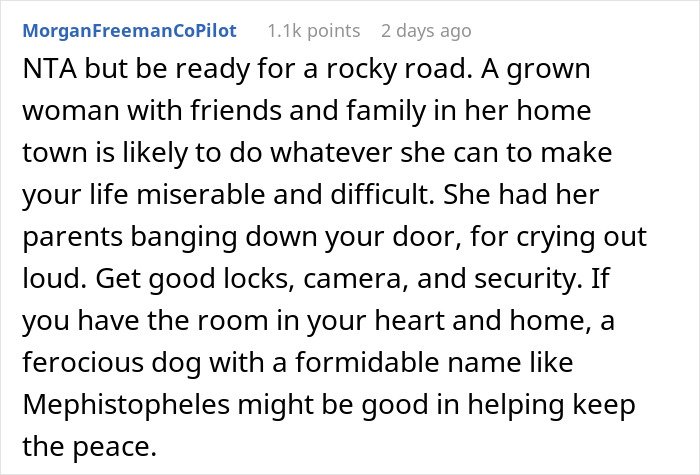 Comment discussing a man accidentally moving next door to a former friend and facing demands to leave.