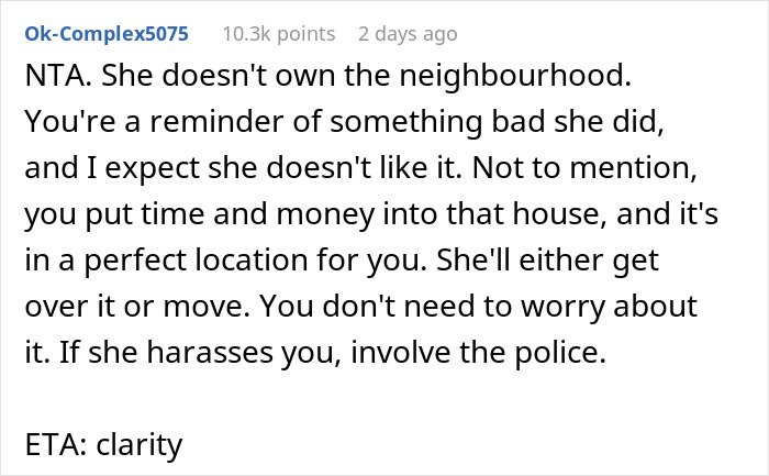 Screenshot of an online comment discussing a man who accidentally moves in next door to a former friend and faces harassment.