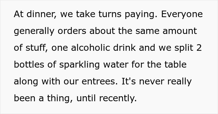 Text excerpt about friends taking turns paying at dinner, highlighting conflict over babysitter payments and friendships.