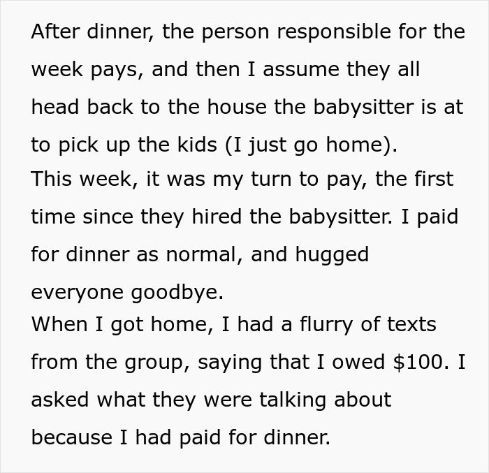 Text message conversation about a woman refusing to pay for friends&rsquo; babysitter despite not having kids.