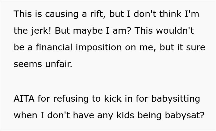 Text discussing a woman refusing to pay for friends&rsquo; babysitter, sparking debate about fairness without having kids.