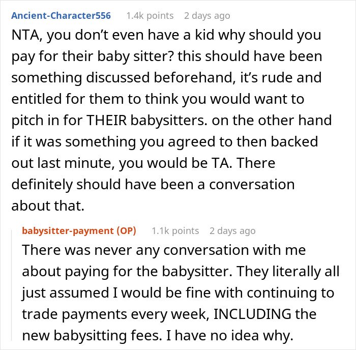 Screenshot of Reddit discussion where a woman refuses to pay friends&rsquo; babysitter fees because she doesn&rsquo;t have kids.