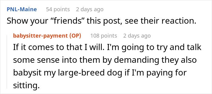 Comment thread discussing a woman refusing to pay for friends&rsquo; babysitter since she doesn&rsquo;t have kids.