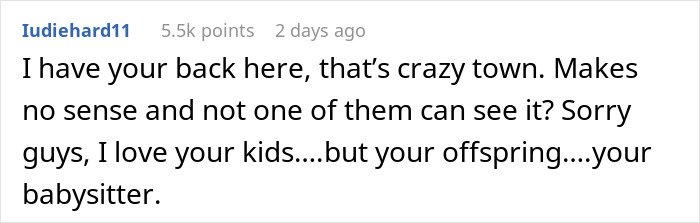 Screenshot of an online comment discussing a woman refusing to pay for friends&rsquo; babysitter despite not having kids.