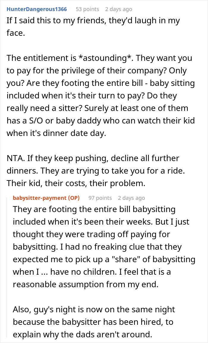 Online discussion about woman refusing to pay for friends&rsquo; babysitter due to not having kids, sparking controversy.