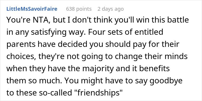 Reddit comment discussing a woman refusing to pay for friends&rsquo; babysitter despite not having kids.