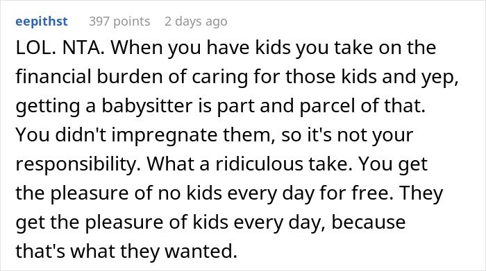 Screenshot of a forum comment discussing refusing to pay for friends&rsquo; babysitter due to not having kids.