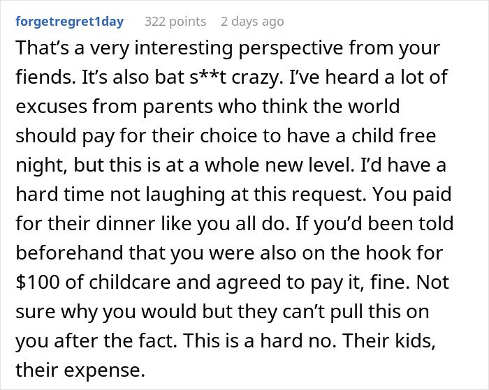Comment discussing a woman refusing to pay for friends&rsquo; babysitter due to not having kids, sparking debate.
