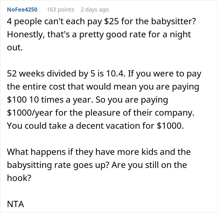 Comment discussing the cost and fairness of paying a babysitter among friends without kids involved.