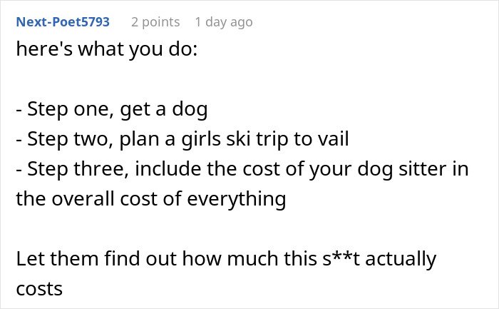 Reddit comment discussing refusing to pay for friends&rsquo; babysitter due to not having kids, sparking debate.