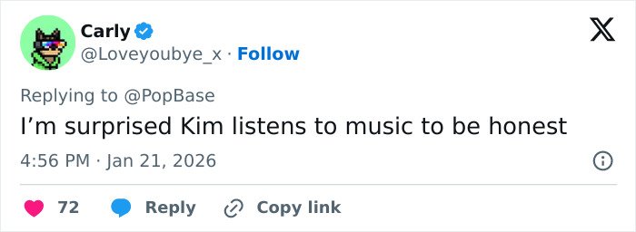 Tweet from user Carly expressing surprise that Kim listens to music, relating to Kim Kardashian's Taylor Swift comments sparking suspicion.