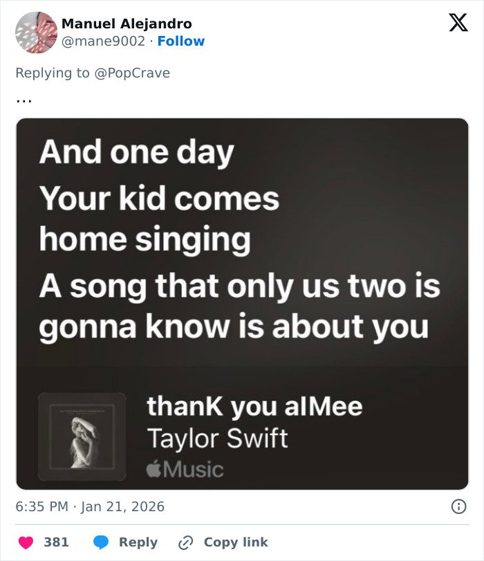 Screenshot of a tweet referencing Taylor Swift lyrics amid Kim Kardashian comments and Blake Lively text reveal speculation.