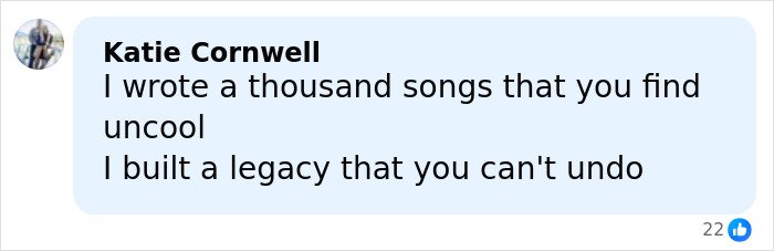 Screenshot of a social media comment about songs and legacy, highlighting Kim Kardashian Taylor Swift comments and Blake Lively text reveal.